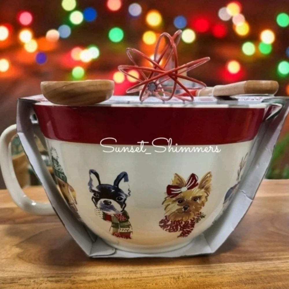 4pc Christmas Pug Boston Terrier Lab Yorkie Dog Mixing Bowl Spatula Spoon Wisk